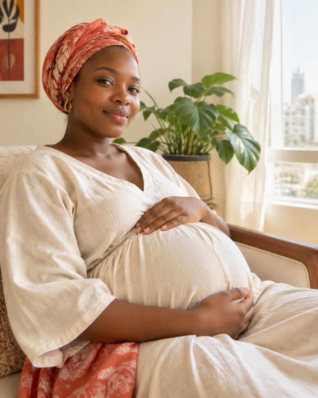An expectant mother resting in a sunlit room